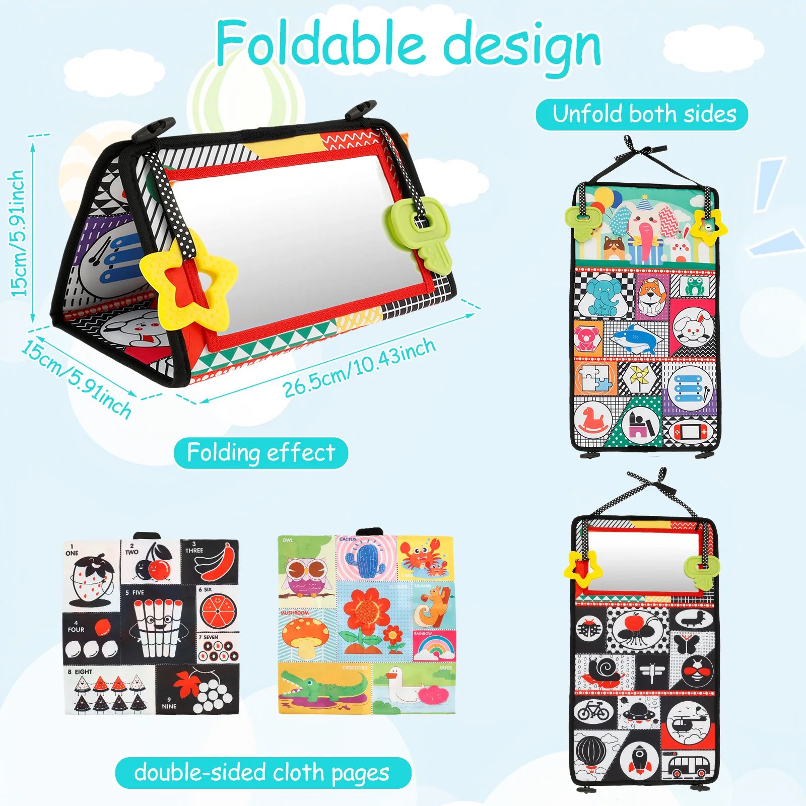 Cloth Tummy Time Mirror Toy Build Cognitive Skill Baby Mirror Tummy Time Detachable Sand Book Baby Prone Toy Foldable for Infant