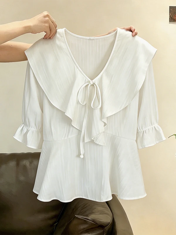 

plus Size Summer New Style Women's Shirt Casual Slimming Short Sleeve Lace Trim Simple Style Loose Top Breathable Skin-Friendly