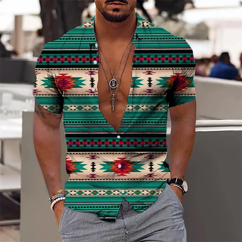 Ethnic Print Shirt For Men Summer Lapel Shirts 2024 Plaid Graphic Short-sleeved Male Tops Oversized Street Hip-Hop Tees Clothing