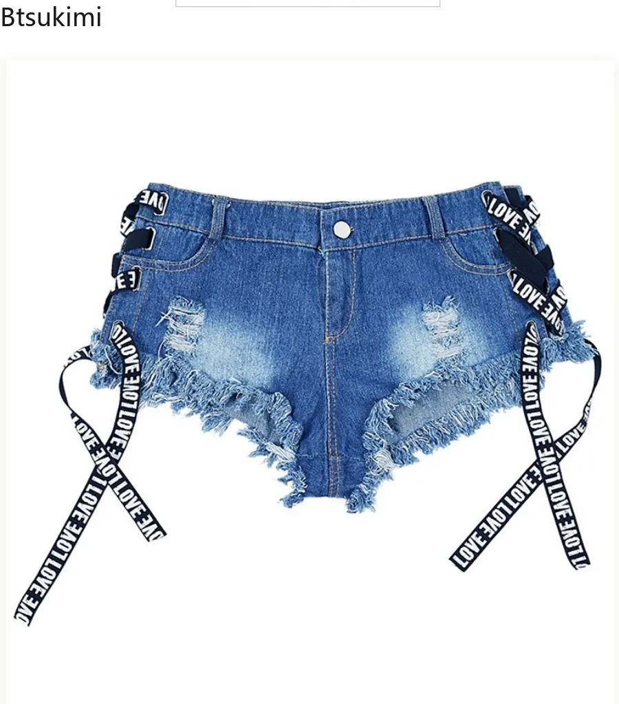 2025 Women's Summer Sexy High Waist Lace Up Strap Hollow Hole Denim Shorts Fashionable Trend Ultra Shorts Jeans Hot Pants Female