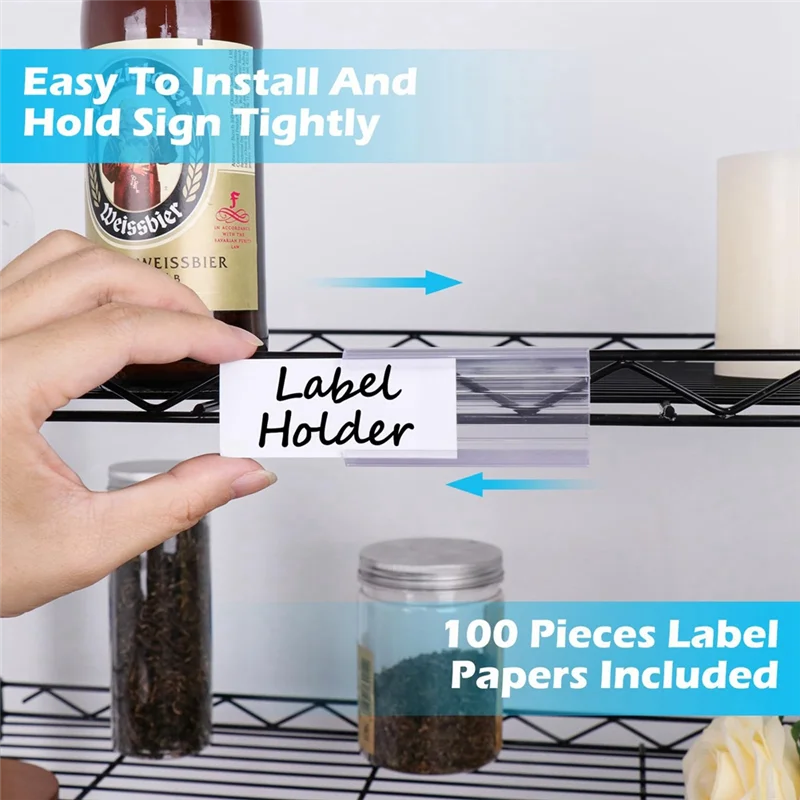 ABDE-100 個ワイヤーシェルフラベルホルダー 100 紙インサート付き、ワイヤーラベルホルダープラスチック棚タグ互換性 1-1/4 インチ棚