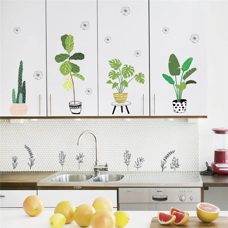 Green Plants Cactus Flowers Pot Wall Sticker For Office Bedroom Baseboard Home Decor Pastoral Mural Art Pvc Wall Decals