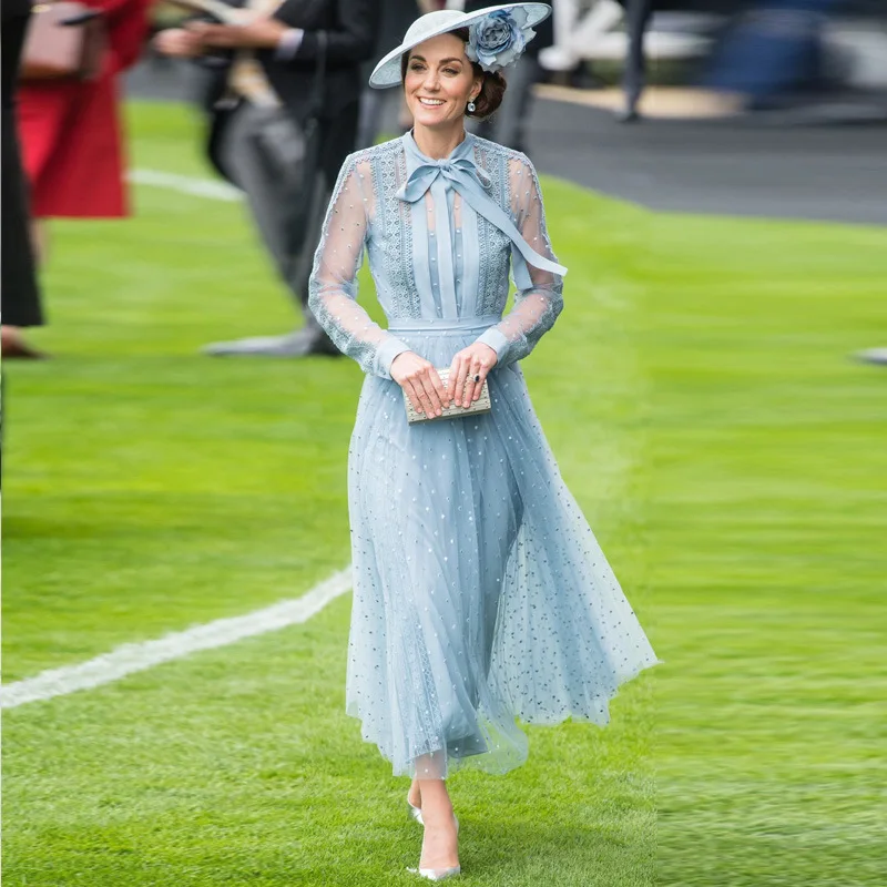 

Fashion Kate Middleton Long sleeve women Dress Solid Bow Dress
