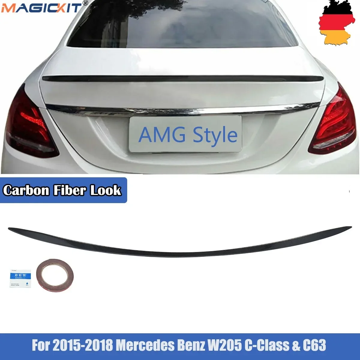 MagicKit AMG Rear Trunk Boot Spoiler Lip Carbon Fiber Look For Mercedes C Class W205 15+