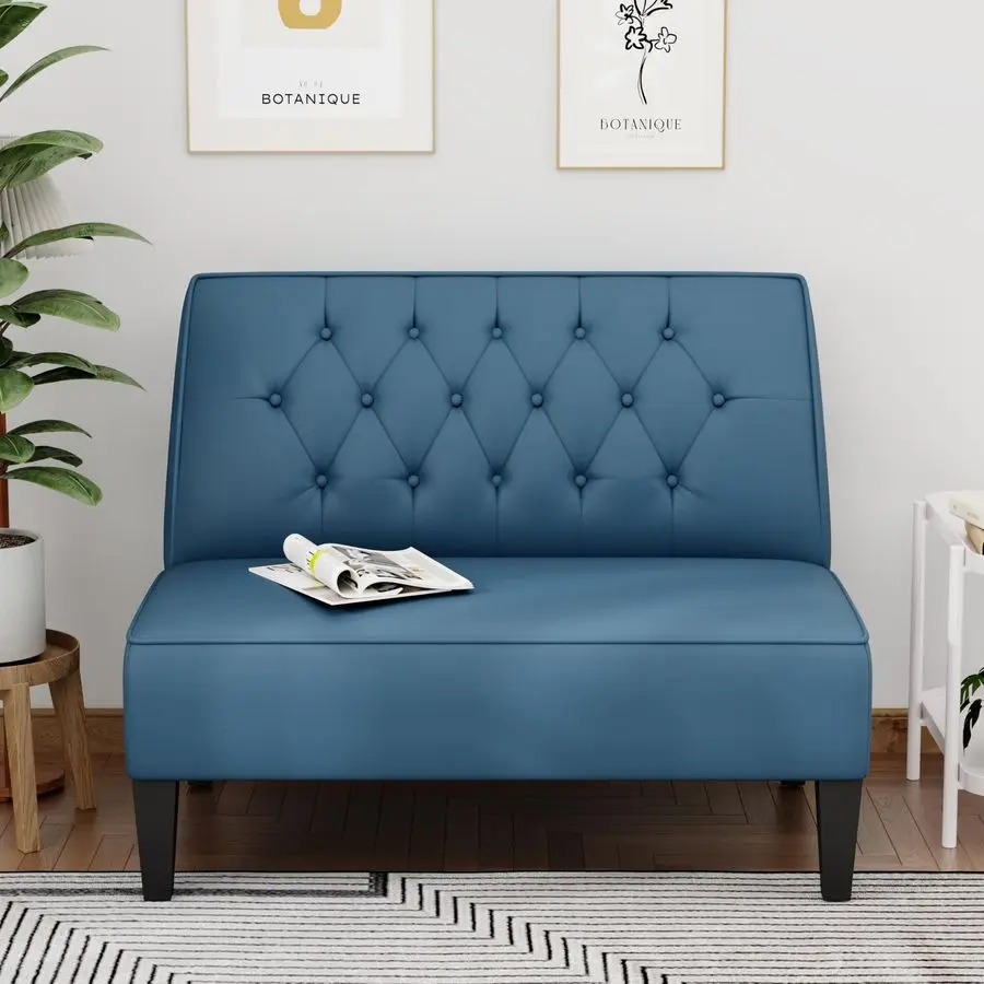 

Upholstered Blue Loveseat Bench Couch for Bedroom, Modern Cushioned Armless Settee Small Love Seat Sofa Faux Leather Living Roo