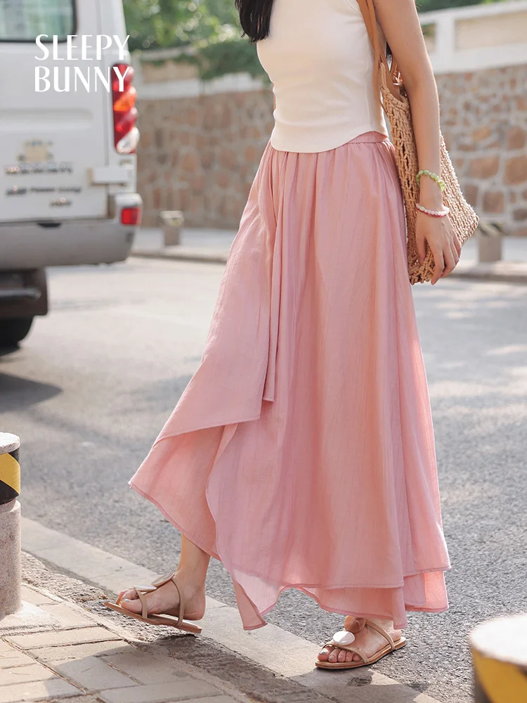 Irregular Patchwork Midi Skirt for Women Summer Loose Flowing High Waist Elastic Waist Skirt Casual Lightweight A-Line Skirt