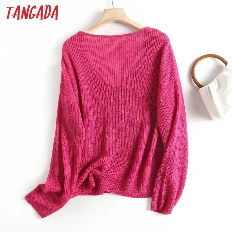 Tangada 2023 Autumn Women Pink Oversized Knitted Sweater Jumper V Neck Female Pullovers 4C329