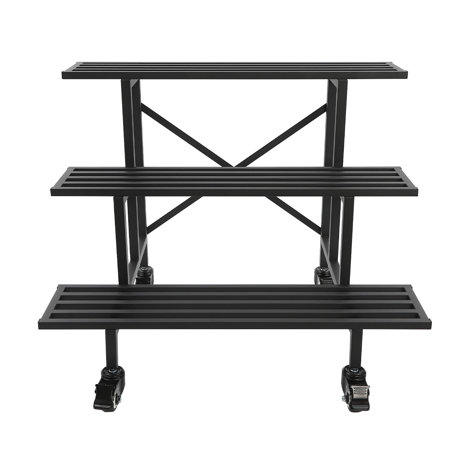 Black 3-tier Plant Stand Free Standing Steel Plant Stand Strong Structure With Four Universal Wheels With Brakes