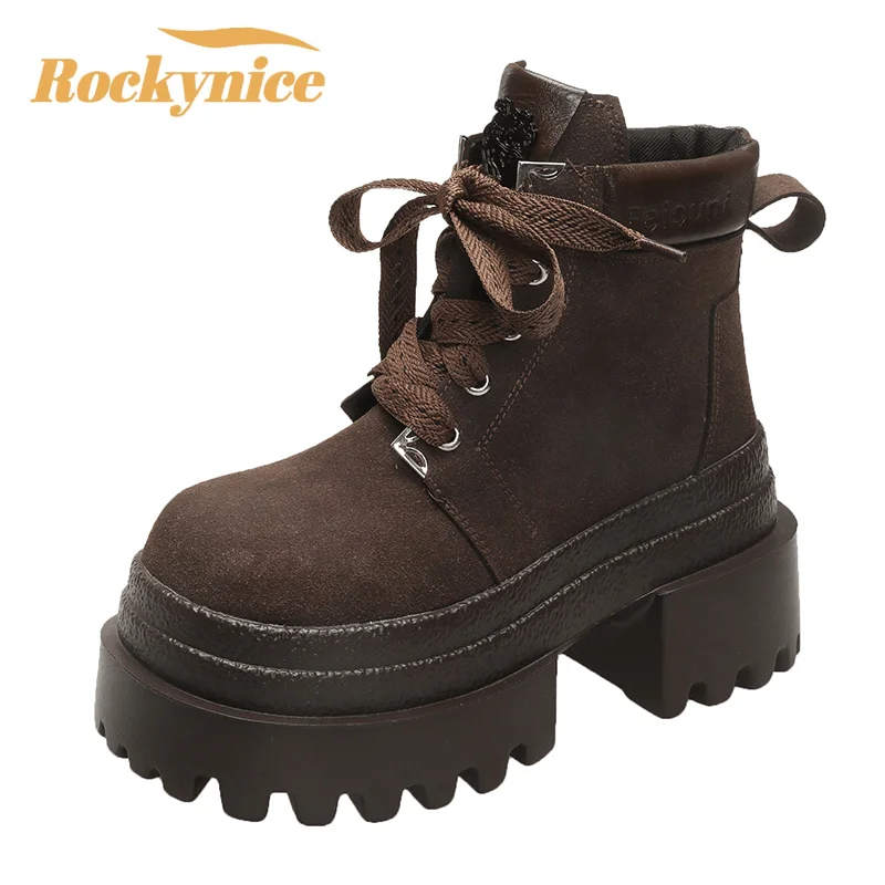 

Женские осенне-зимние кожаные ботильоны, мотоциклетные ботинки на массивном каблуке 9 см, женские короткие ботильоны на высокой платформе со шнуровкой и толстой подошвой