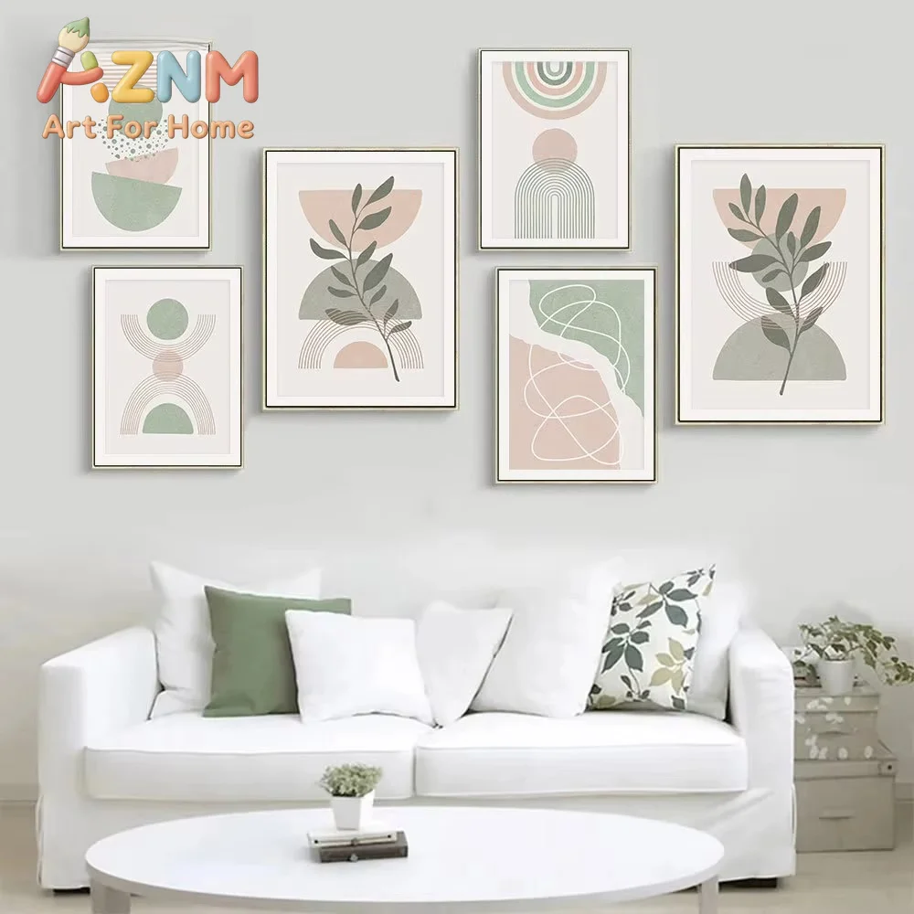 AZNM Frameless Canvas Wall Art, Boho Arch Line and Plant Element Print, Decor for Nursery Bedroom Soft Home Decor