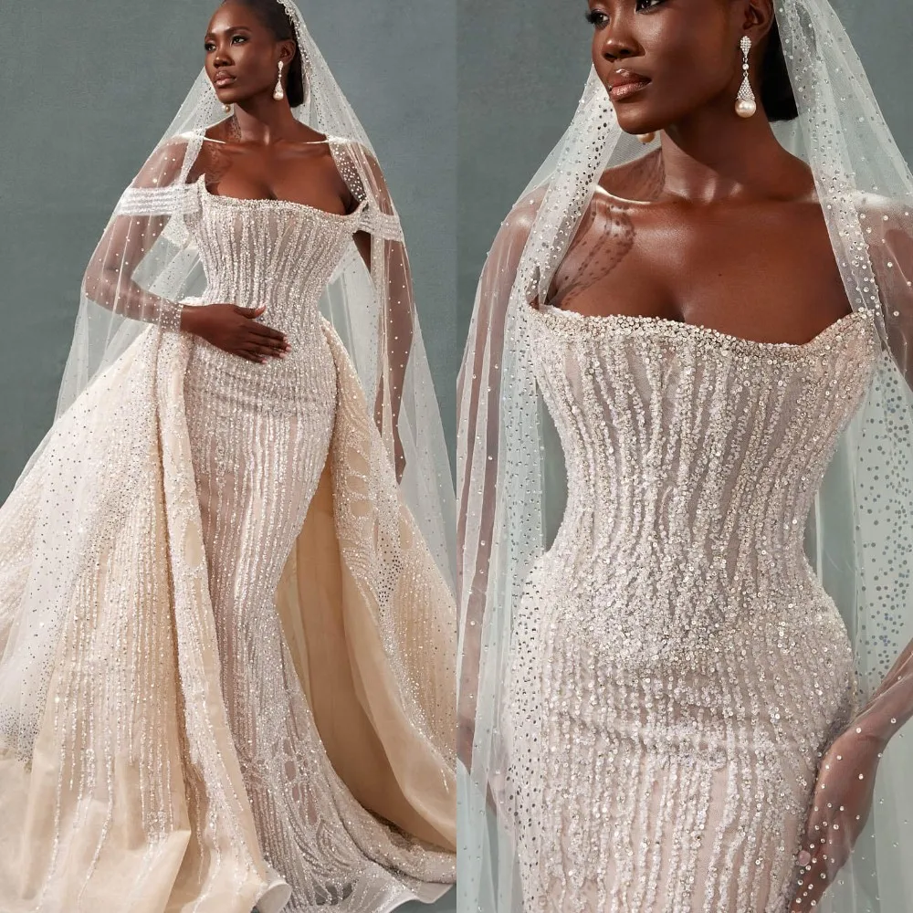 Stylish Sequins Wedding Dresses Strapsless Bridal Gowns with Detachable Train Backless Mermaid Customized Vestidos De Novia