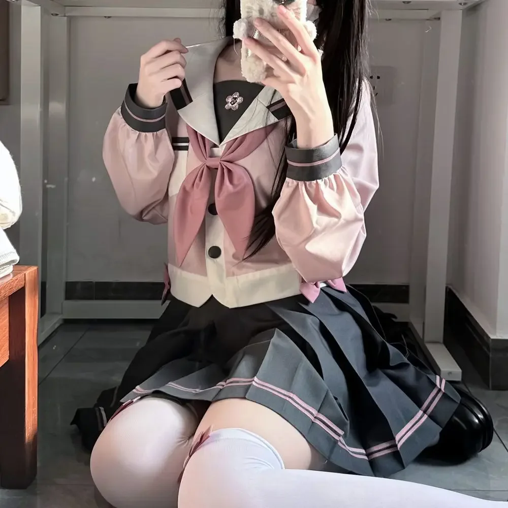 اليابان JK تنورة قصيرة دعوى بحار الملابس ذهبية ربطة القوس فيونكة Kawaii فتاة الوردي رمادي كم طويل البحرية طوق القوس النمط الجماعي