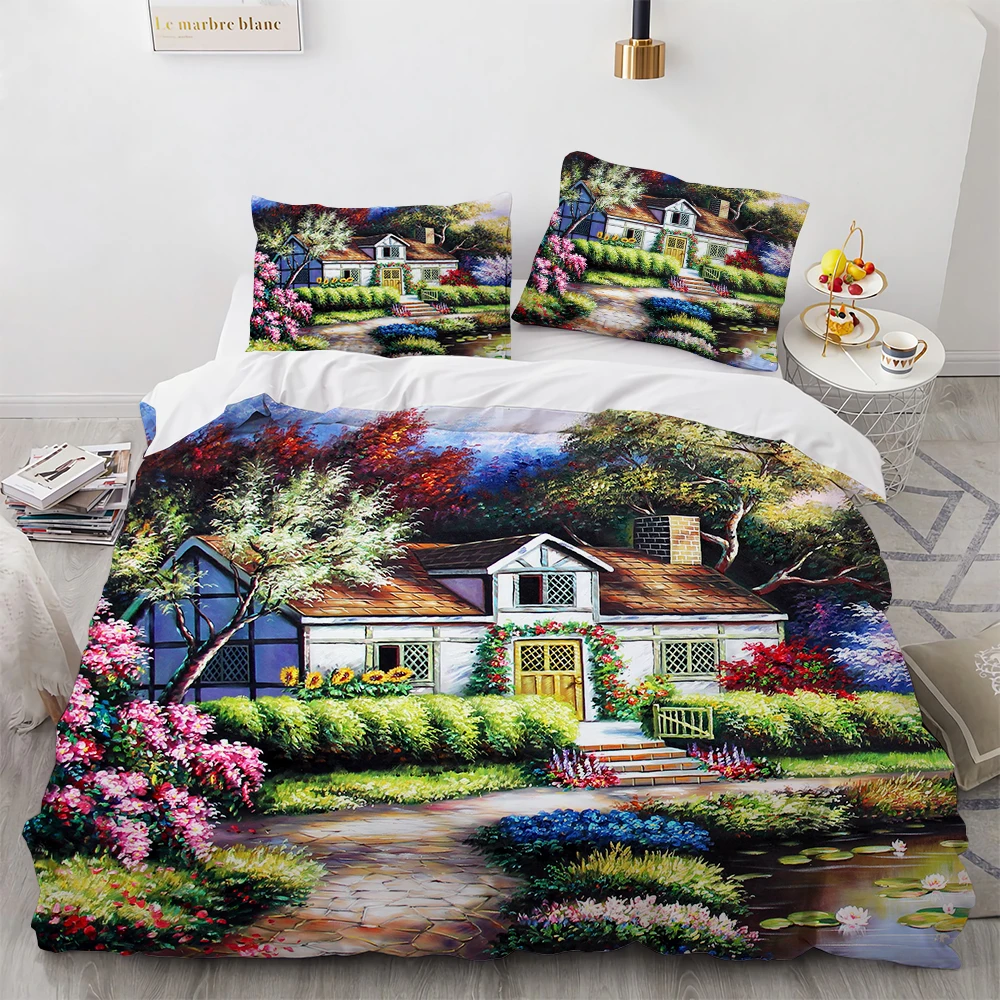 Oil Painting Scene Duvet Cover Famous Modern Classic Art Flower House Works  Quilt Cover Queen King Full Twin Size for Kid Adult