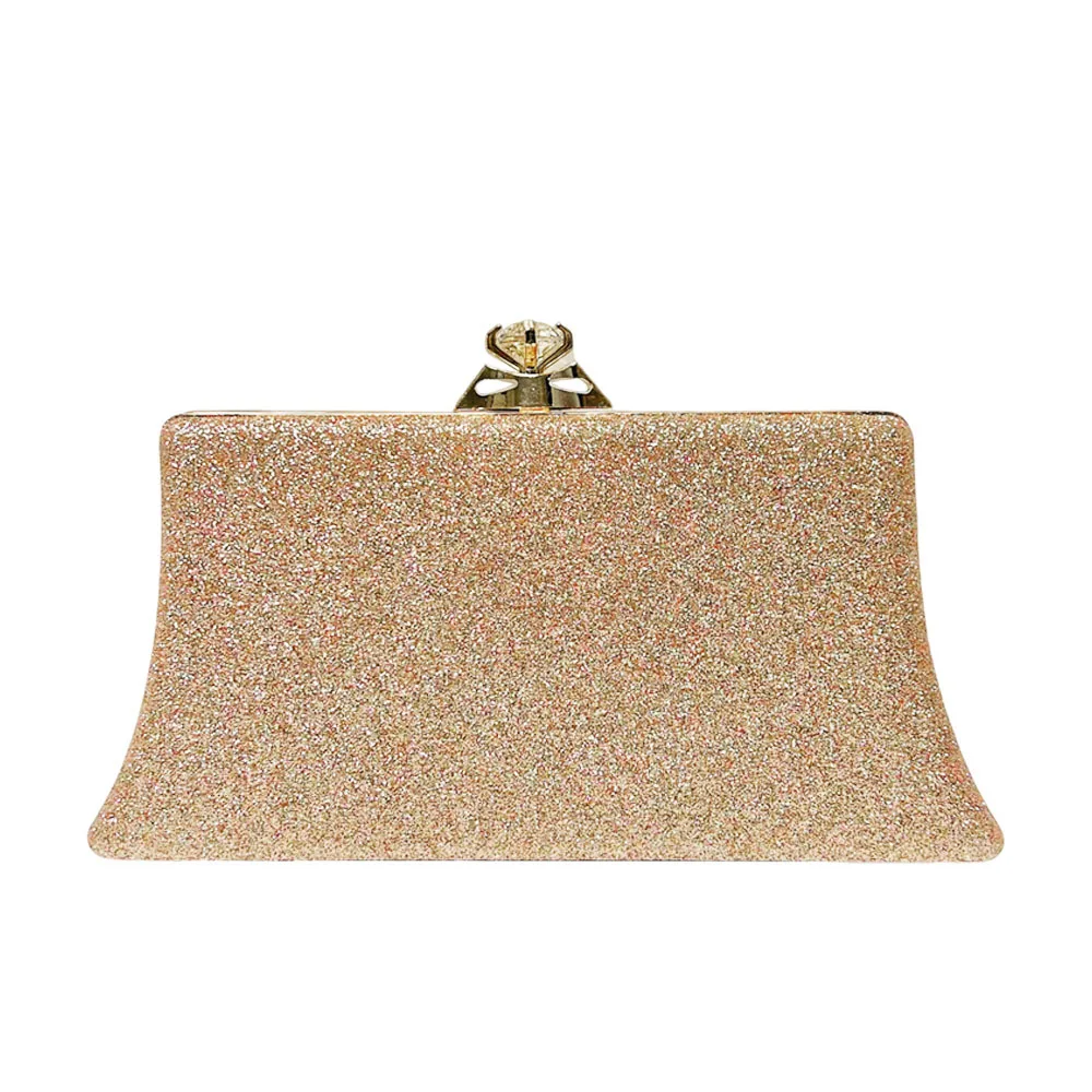 Champagne Glitter Plain Rectangle Clutch Bag Simple Gold Crystal Lock Evening Handbag Minimal Formal Wedding Purse Mature Middle