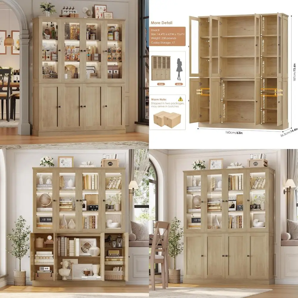 

Большой кухонный шкаф для кладовой с регулируемыми полками и светодиодной подсветкой, 74 высокий шкаф для хранения вещей, шкаф шириной 63 для кухни Organi