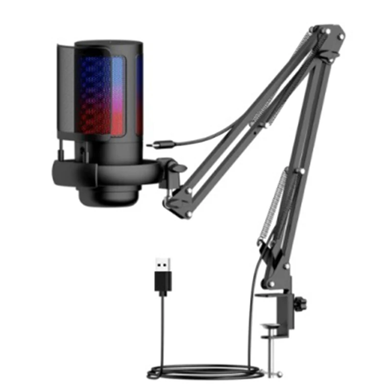 

Gaming RGB Recording Microphone With Adjustable Arm Stand USB Desktops Condenser Mic For Podcasting Streaming Easy Install