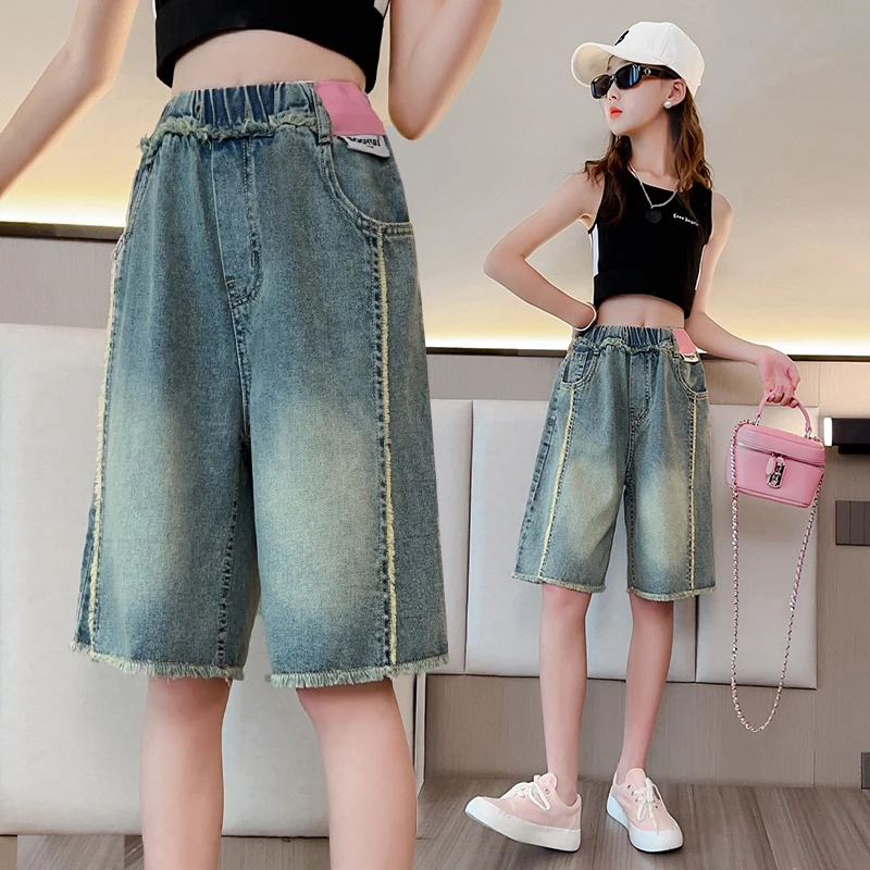Children Vintage Blue Denim Shorts with Raw Hem for Tween Girls Fashion Street Style Knee-Length Short Jeans for Kids Teenager