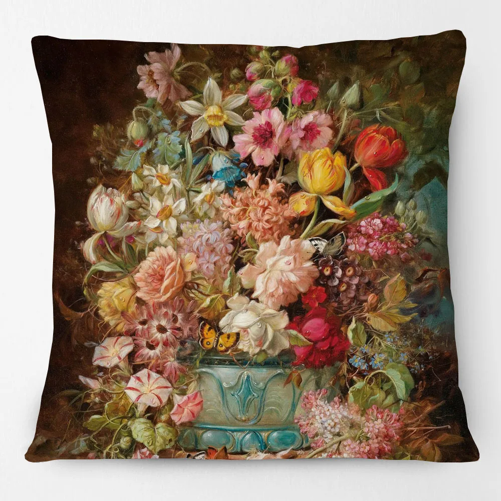 European A Bouquet of Flowers Hans Zatzka Oil Painting Cushion Cover Rose Tulips Floral Decorative Pillows For Sofa