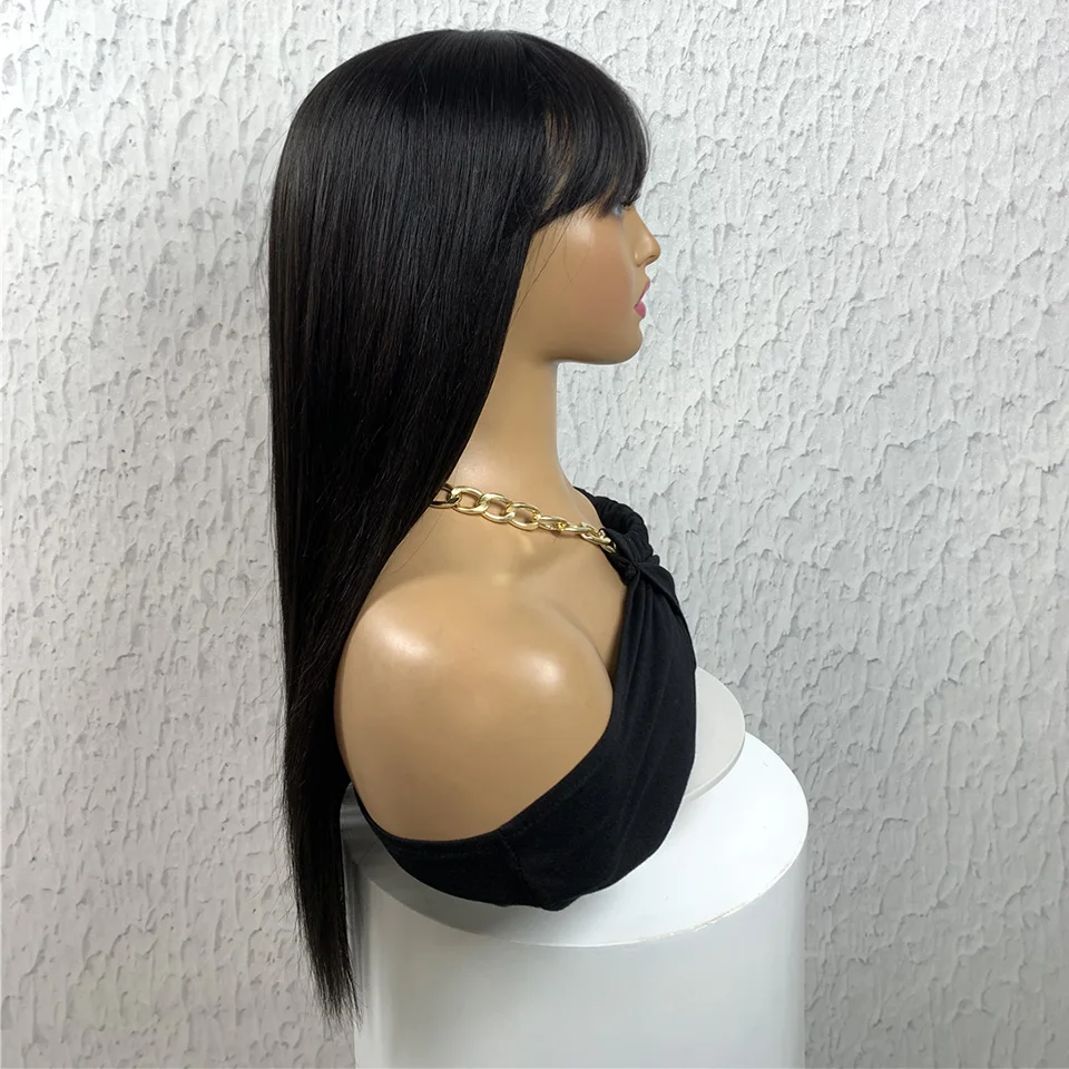 Fake Scalp Straight Human Hair Wigs with Bangs Glueless Human Hair Wigs 180% Density Fringe Wig Natural Color