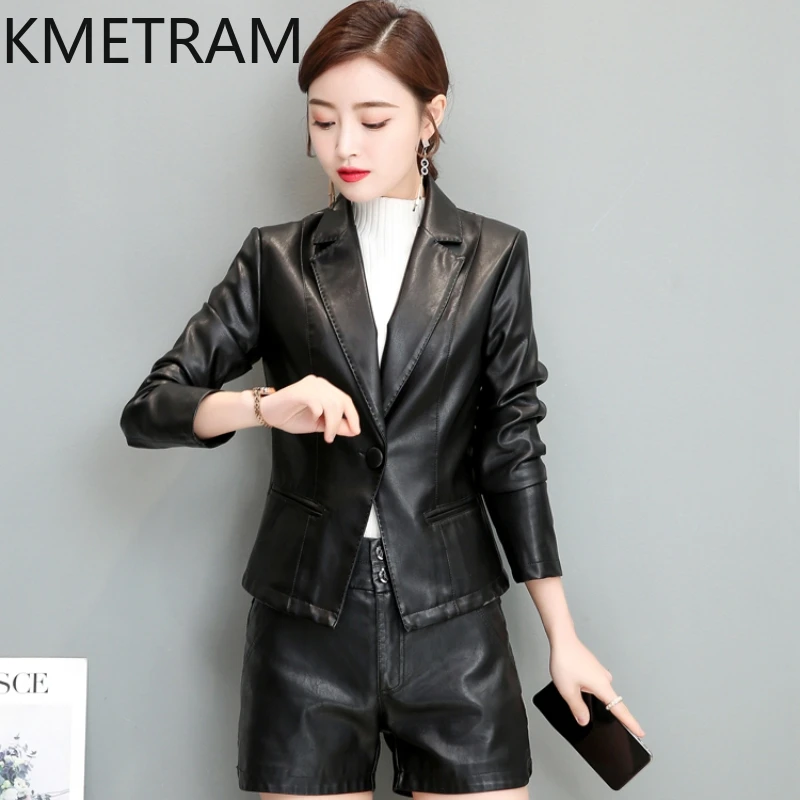 KMETRAM-Chaqueta de piel de oveja auténtica para mujer, abrigo de traje corto, ajustado, talla grande, primavera y otoño