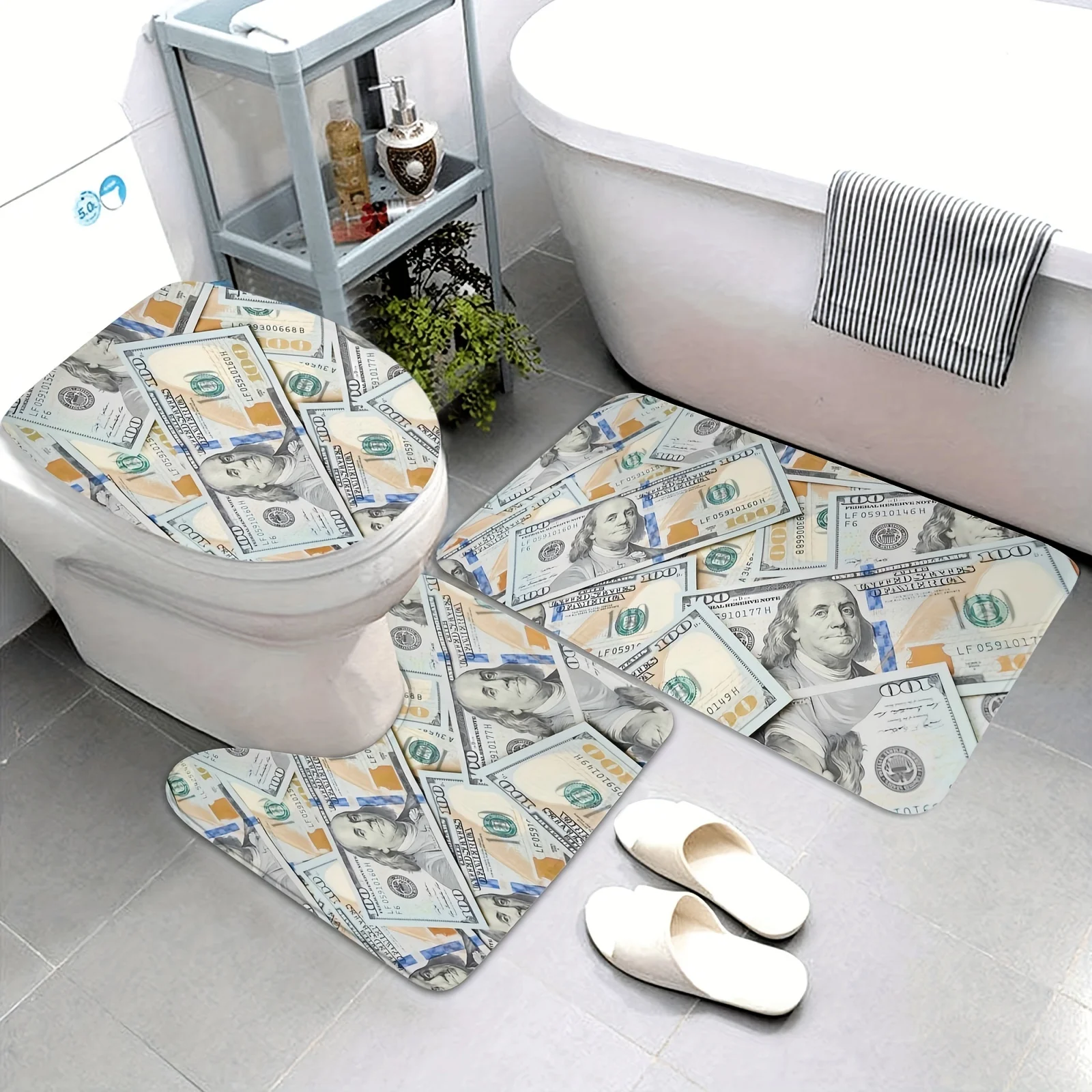 

Dollar Bill Bathroom Rug Set 3pcs Non-Slip, Absorbent, Machine Washable Bath Mats with U-Shaped Mat & Toilet Lid Cover, FunDecor