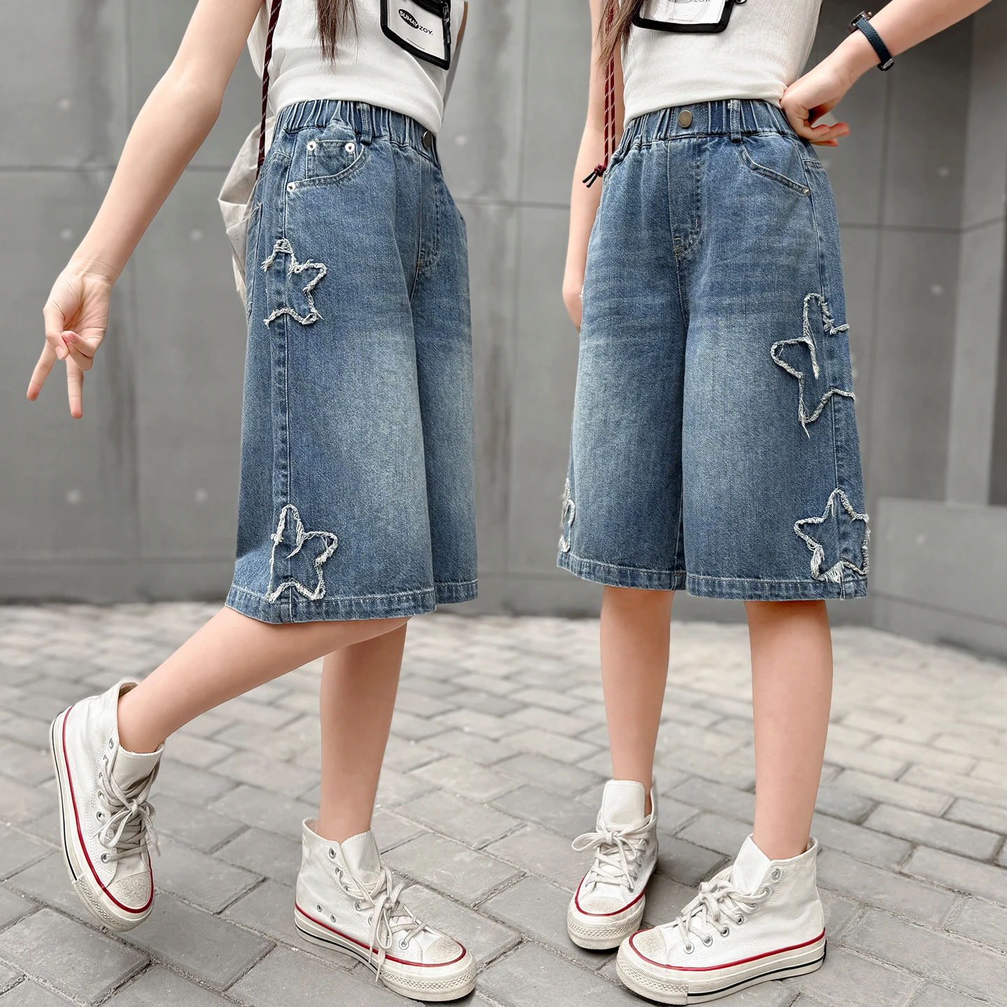 2026 Summer Popular Items Teen Girls Casual Knee-Length Jeans with Pocket Line Embroidery Teenage Child Fashion Shorts Pants