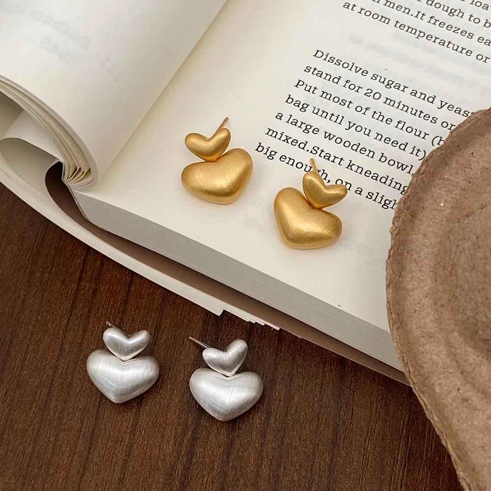 

925 Sterling Silver Brushed Heart Stud Earrings for Women Geometric Double Heart-shaped Dangle Earrings Fine Jewelry Accessories