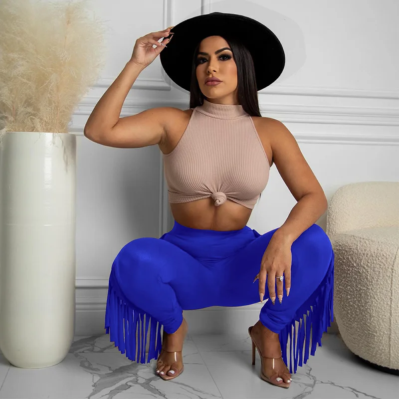 Fringe Pants Solid Color High Waist Skinny Trousers Women Pants Popular Tassel Pants Sexy Night Club Party Thin Pants