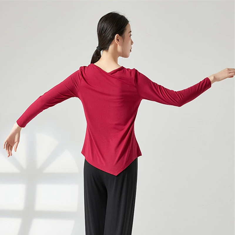 여성용 모던 댄스 연습 상의, 긴팔 셔츠, 불규칙한 밑단, 체육관 요가 훈련 댄스웨어, 크루넥 공연 캐주얼 의류