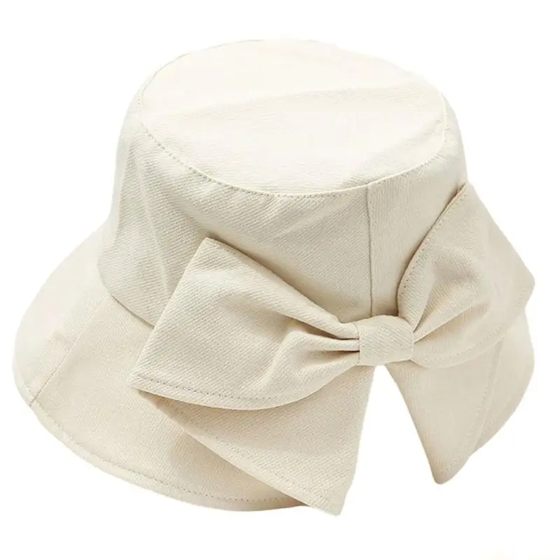 31BF Split Back Ribbon Bowknot Sun Hat Ponytail Friendly Cotton Floppy Hat for Daily Outings, Commuting, Travel and Coastal Wear