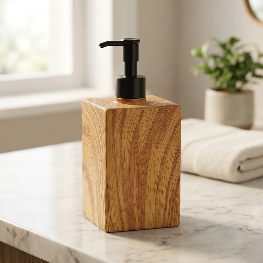 Functional Press Bottle Set Walnut Texture for Lotion Shampoo and Hair Care Products 7 x 16.5 cm Organic Resin