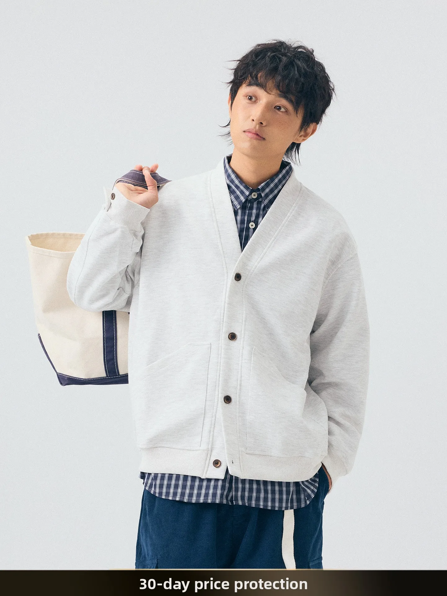 

American Retro Plaid V-Ne Open Cardigan Sweatirt Men's Casual Sle Autumn Outerwear for Couples Youth Faion Polyester