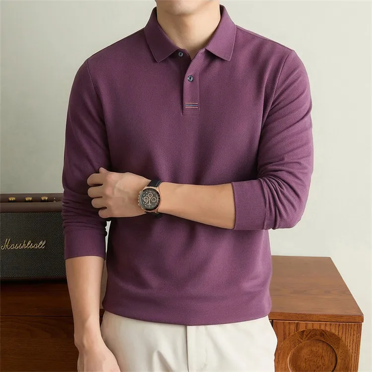 100% Mercerisierte Baumwolle Einfarbiges Business-Casual-Oberteil Herren Old Money Style Langarm-Poloshirt – Detail 20