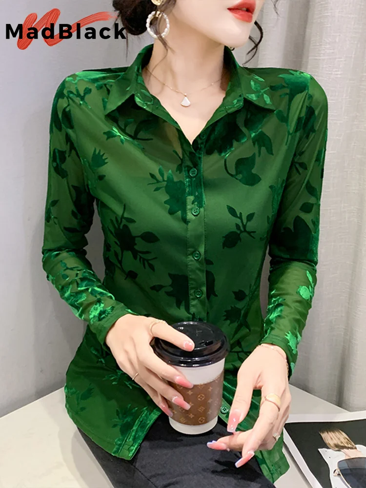MadBlack Spring Flocking Printed Shirt Sexy Sheer Women Turn Down Collar Long Sleeves Mesh Tops Clubwear Shirts New Fall T32522Z