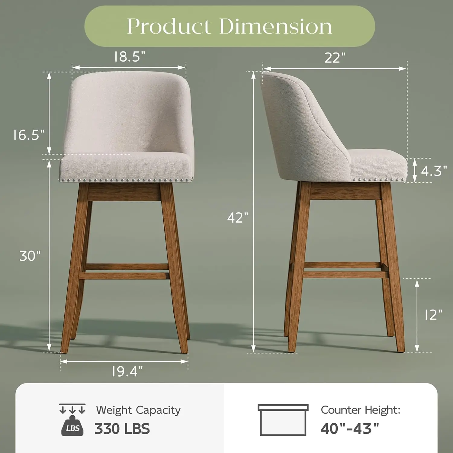 Taburetes de Bar Giratorios con Altura de Mostrador, Juego de 2 Taburetes Tapizados con Altura de Asiento de 30 Pulgadas, Patas de Madera Maciza con Reposapiés, Personalizables