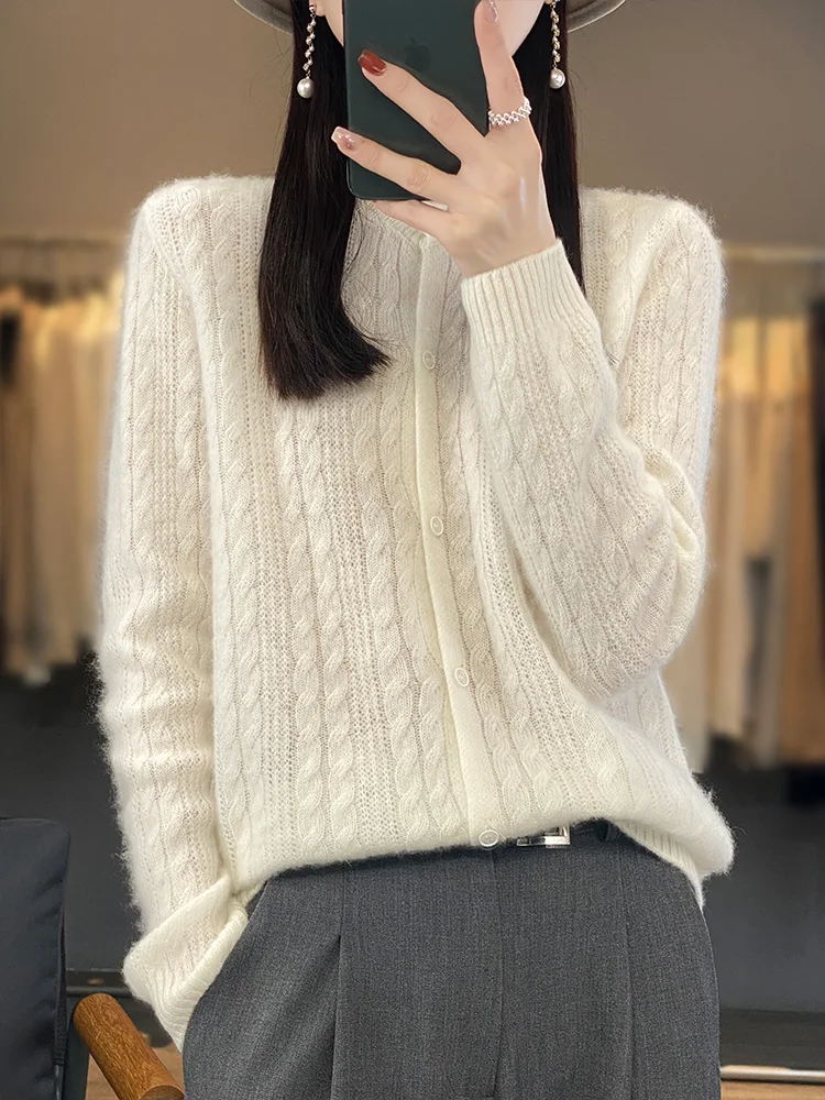 

New Fashion Women Cashmere Spring Autumn Twist Flower Knitwear 100% Merino Wool Cardigan O- Neck Solid Color Temperament Top