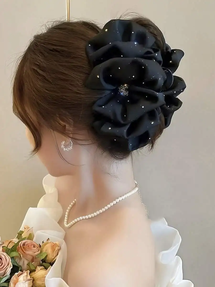 

Black Ruffle Bow Hair Clip For Women, Sparkly Bun Styling Accessory