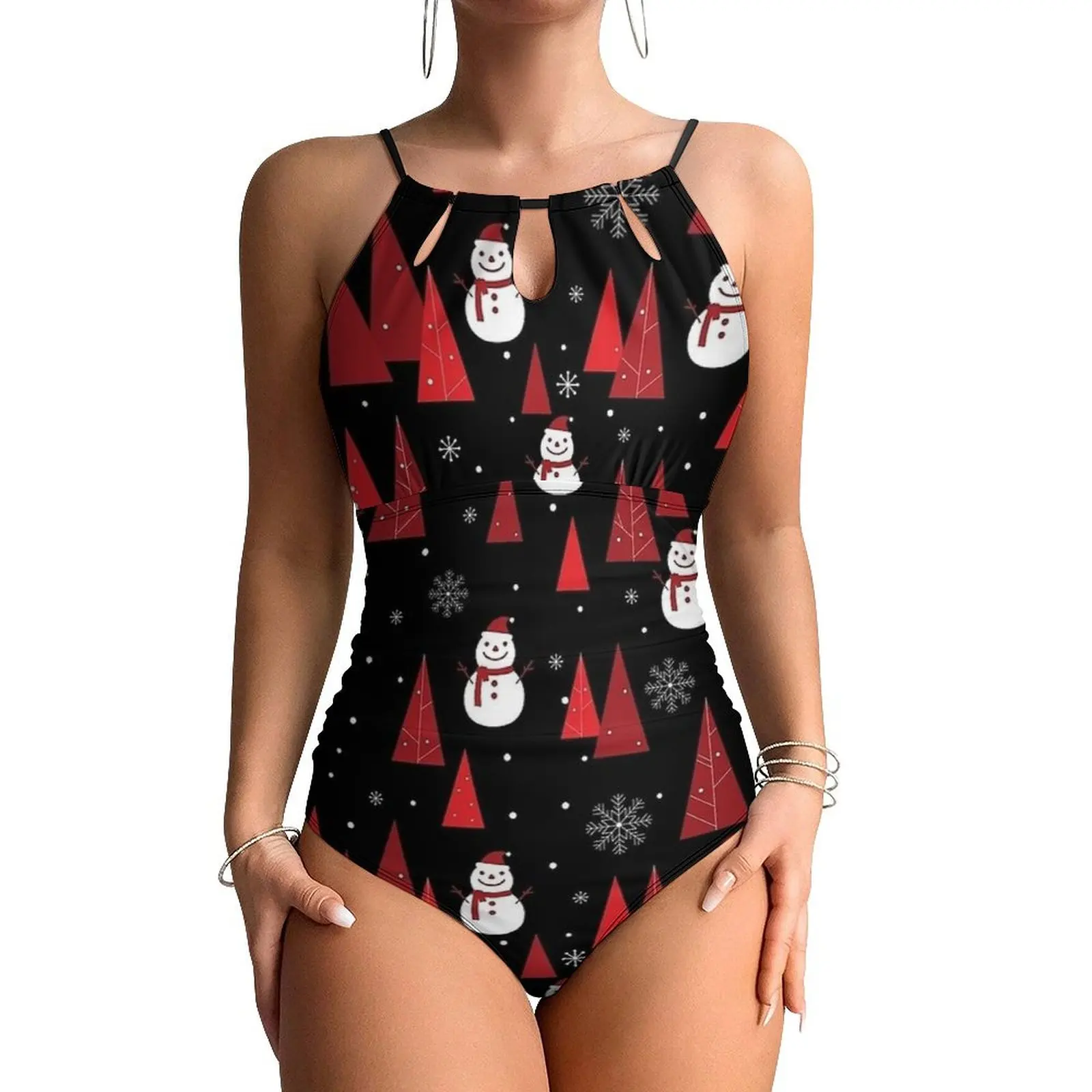 Red White Black Cute Christmas Swimsuit  One Piece Swimwear Push Up Modern Bathing Suit Sexy Holiday Rave Custom Bodysuit