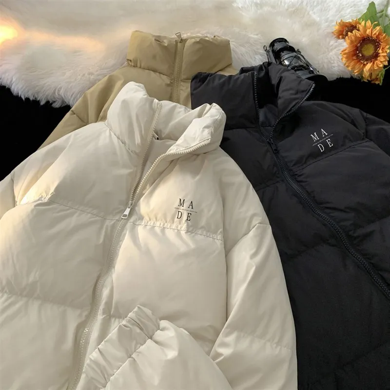 

Warm Stand Collar Puffer Jacket Men's Winter Casual Outerwear Bread Style Loose Fit Versatile Simple Design Couple's Coat