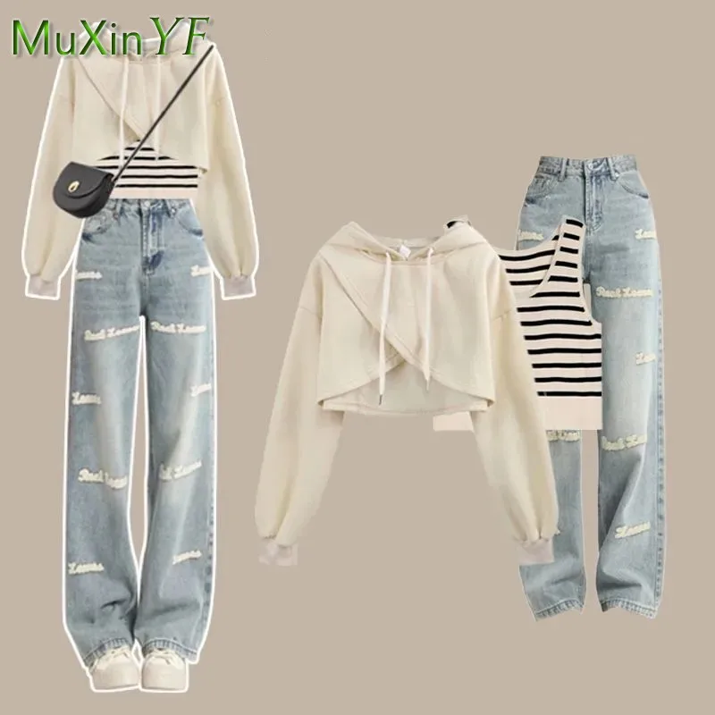 Women\'s 2024 Autumn New Matching Set Korean Elegant Short Sweater+Tank Top+Letter Jeans Three Piece Female Chic Denim Pants Suit