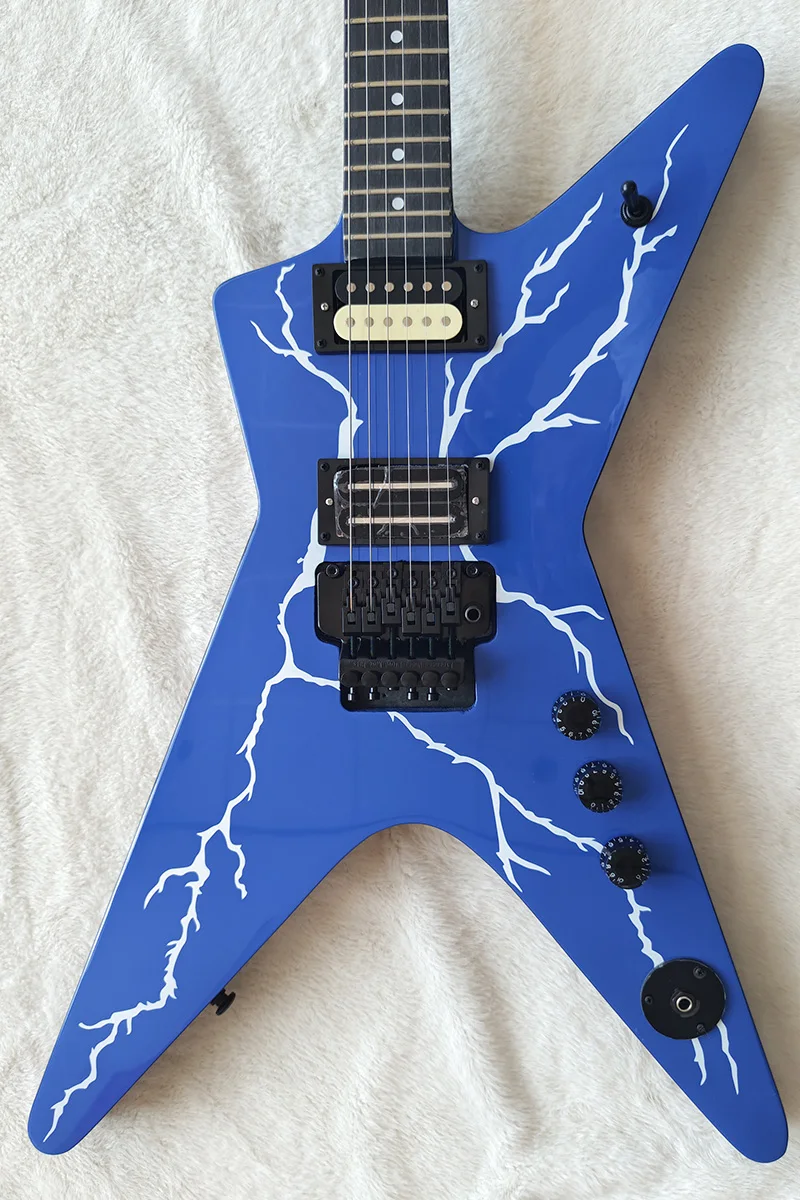 

High quality electric guitar, blue lightning pattern, Freudian vibrato system. In stock, fast shipping