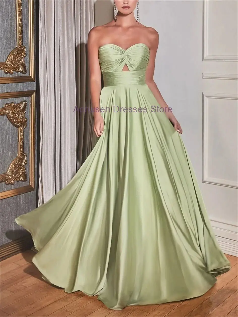 

Elegant Simple A-line Satin Eveninig Dress Strapless Sleeveless Floor-Length Reunion Wedding Party Guest Ball Gowns vestido