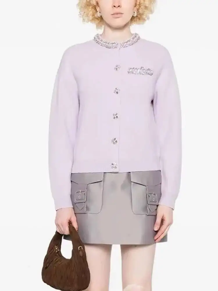 

High-End Version European Sle Knitted Heavy Embellied Ele Faion Age-Defng Gentle Purple Open Cardigan