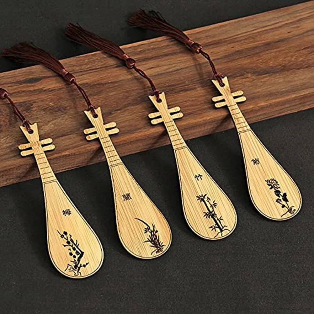 4PCS Bamboo Wooden Bookmarks with Tassels Retro Classical Musical Instrument Bookmark for Book Lovers