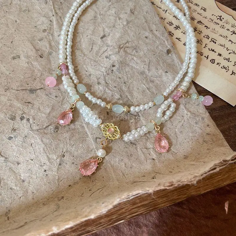Layered Pearl Necklace Chinese Yingluo Hanfu Ancient Accessories Women Blue Chalcedony Pink Drop Pendant Traditional Bridal Gift