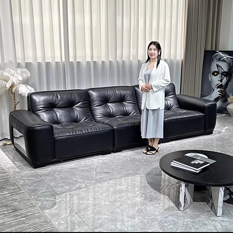 

Real cowhide minimalist French retro living room straight row full green leather leather black diamond sofa