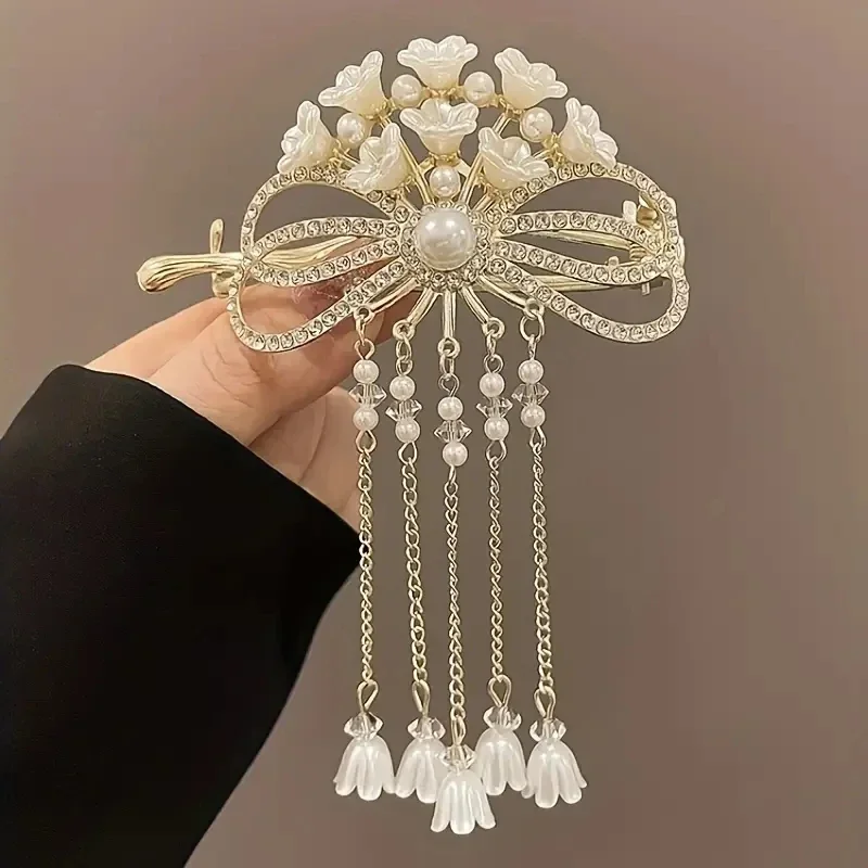 

Pearl Bell Orchid Tassel Bow Clip Female Frog Button One-character Clip Back of The Head Coiled Hair Twist Clip Head Accessory