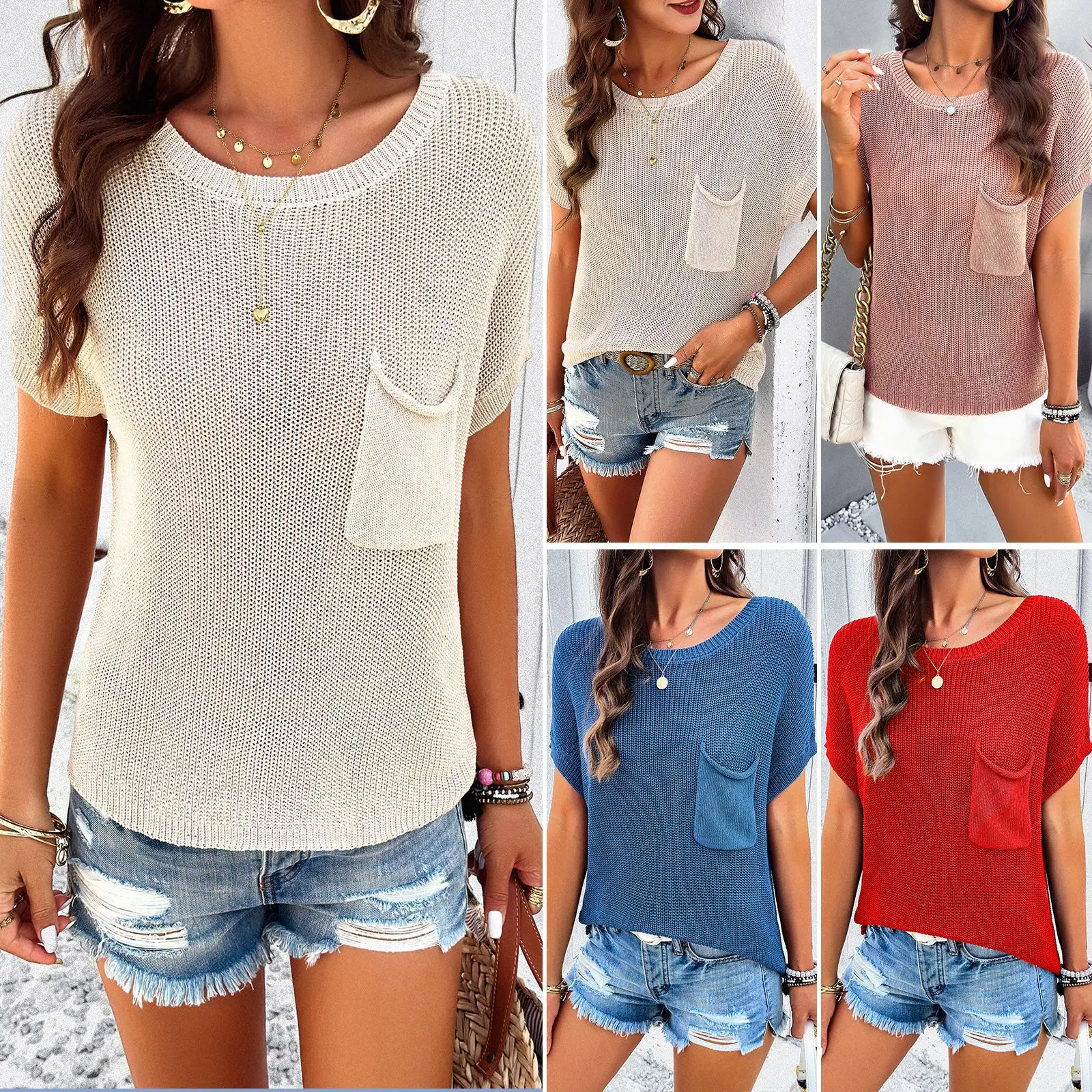 

Women's Clothing 2024 Spring And Summer Temperament Casual Solid Color Short-sleeved Sweater