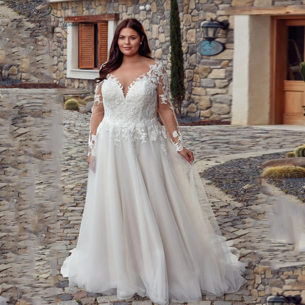 Classic Wedding Dresses Plus Size V Neck Long Sleeves Bride Gowns Appliques Back Button Floor Length A-Line Robe De Mariee 2023