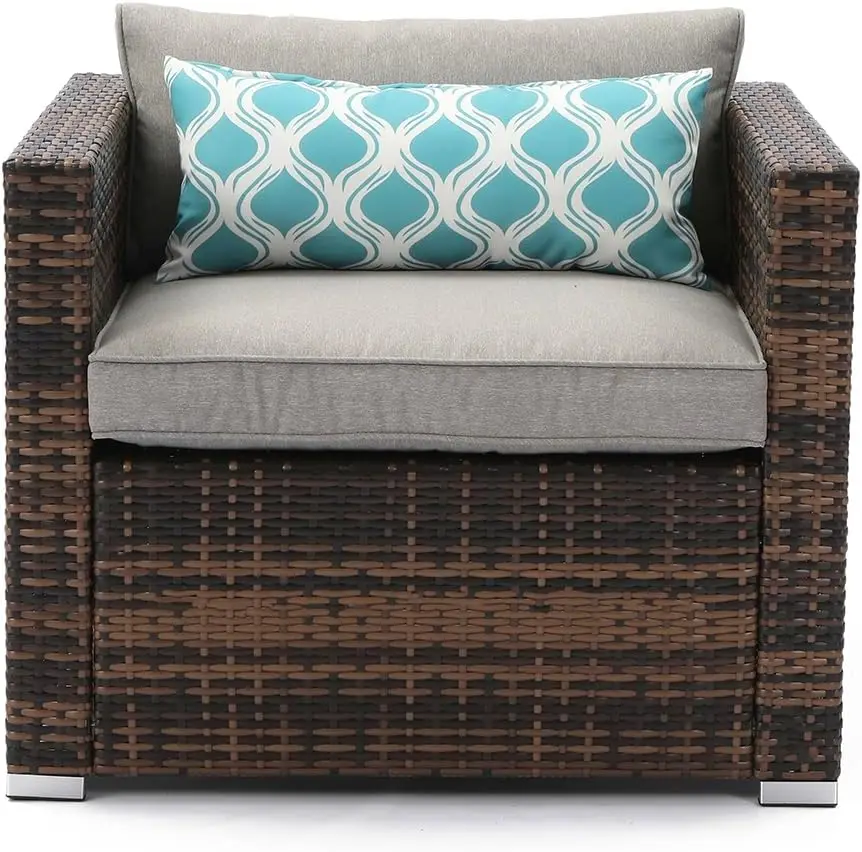 

All-Weather Patio Chair, Single Brown Wicker Chair with Thick Gray Cushions & Teal Pillow,Outdoor Rocking Chair for Porch,Garden